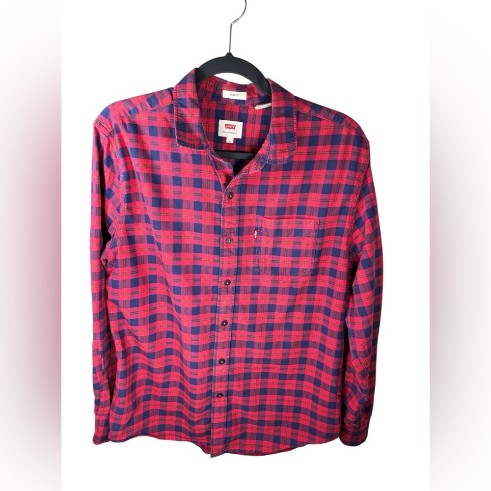 Levi’s Slim Fit Plaid Button-Down Shirt Red Navy Cotton L Unisex Fall Cabincore - Picture 2 of 11